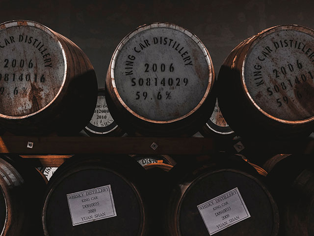 Stacked wine barrels